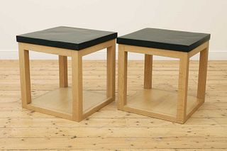 A pair of contemporary slate and oak side tables,