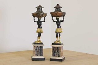 A pair of bronze and Blue John figural table ornaments,