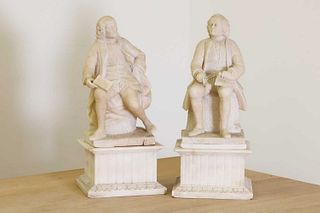 A pair of French alabaster figures of Voltaire and Rousseau,