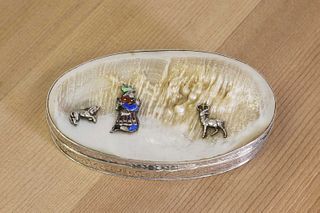A silver, mother-of-pearl and enamel table snuff box,
