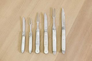 Three pairs of silver and mother-of-pearl folding fruit knives and forks,