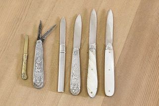 Six various silver, silver-plated and base metal folding fruit knives and a penknife,