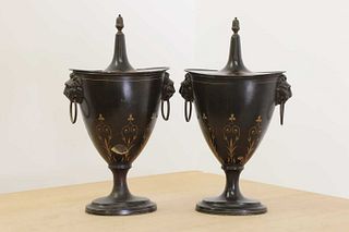 A pair of Regency-style toleware chestnut urns and covers,