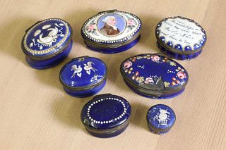 A group of seven George III deep blue enamel boxes,
