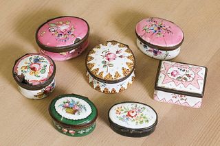 A group of seven George III enamel patch and other boxes,