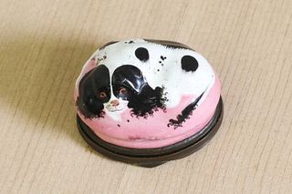 An enamel patch box in the form of a spaniel,