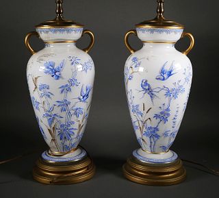 Pair Victorian Glass Handpainted Urn Lamps