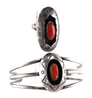 Native American Sterling Coral Cuff Bracelet Ring