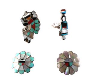 (4) Native American Sterling Turquoise Coral Rings