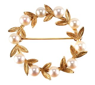 14K Gold and Pearl Wreath Brooch Pin 