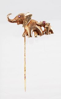 14K Gold Elephants Stick Pin Brooch