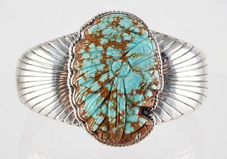 Sterling Silver Carved Turquoise Cuff Bracelet