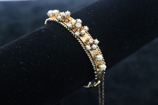 Victorian 14K Yellow Gold Diamond Pearl Bracelet
