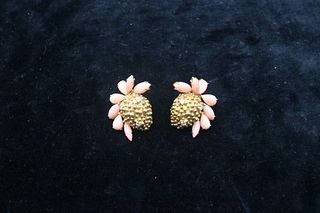 Pair 18K Gold Diamond & Angel Skin Coral Earrings