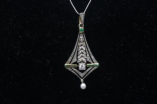 18K Gold Diamond Emerald Pearl Pendant