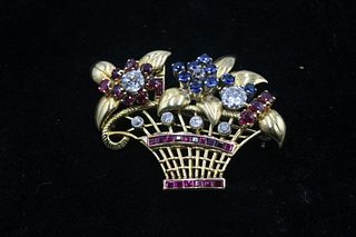 Gold Diamond Sapphire & Ruby Flower Basket Brooch