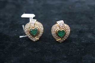 Pair of 14K Yellow Gold Diamond & Emerald Earrings