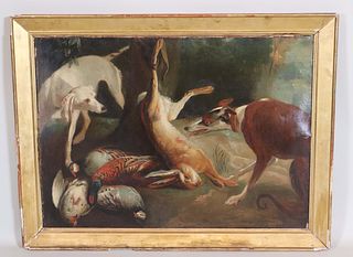 Oil on Canvas of Dogs, Game Birds, and Rabbit