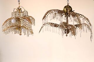 Two Patinated Metal Leaf-Form Chandeliers