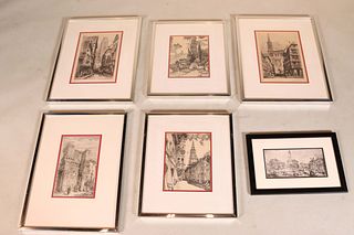 Group of Black and White Cityscape Etchings