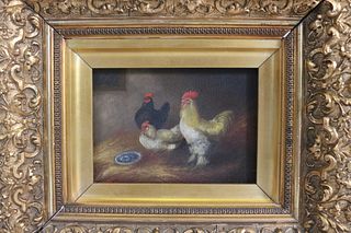 Oil on Board, Three Roosters