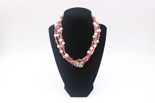 14K Pink Tourmaline Pearl Four Strand Necklace