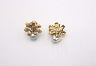 Pair of 14K Yellow Gold Pearl & Diamond Earrings