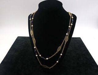 18K Yellow Gold Lapis Lazuli & Pearl Necklace