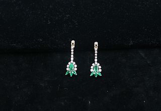 Pair of White Gold Diamond & Emerald Drop Pendants