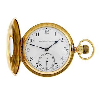 A half hunter pocket watch by Bravingtons. 18ct yellow gold case, hallmarked Chester 1928. Numbered