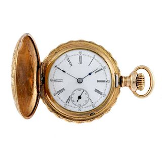 A full hunter fob watch by Cambridge Watch Co. Rose metal case, stamped 14k. Numbered 252456. Signed