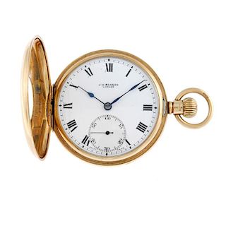 A half hunter pocket watch by J.W. Benson. 9ct yellow gold case with presentation inscription to cuv