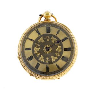 An open face pocket watch. Yellow metal case, stamped 18K. Numbered 12263. Unsigned key wind three q