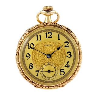 An open face pocket watch. Yellow metal case with engraved initial to the back, stamped 14K. Numbere