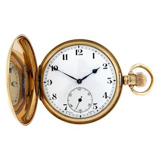 A full hunter pocket watch. 9ct yellow gold case with personal engraving to cuvette, hallmarked Birm