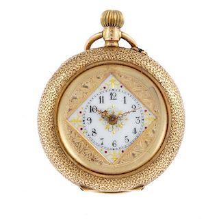 An open face fob watch. Yellow metal case with floral enamel decoration to the case back, stamped 14