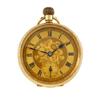 An open face pocket watch. 18ct yellow gold case, import hallmark London 1909. Unsigned keyless wind