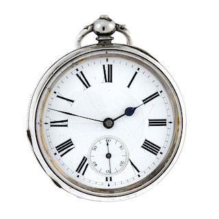 An open face pocket watch. White metal case, stamped 0.935. Numbered 142655. Unsigned key wind three