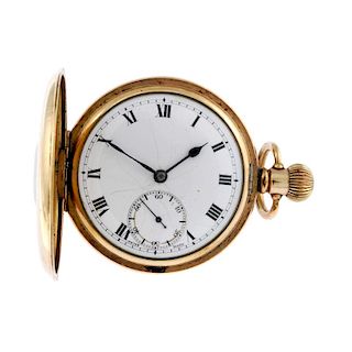 A half hunter pocket watch. Gold plated case with monogram to the back and personal inscription to t