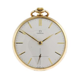 An open face pocket watch by Omega. 9ct yellow gold case, hallmarked Birmingham 1966. Numbered 71475