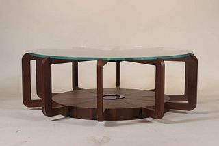 Contemporary Glass and Hardwood Circular Low Table