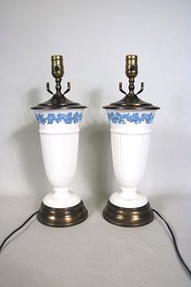 Pair of Wedgwood Style Blue and White Lamps