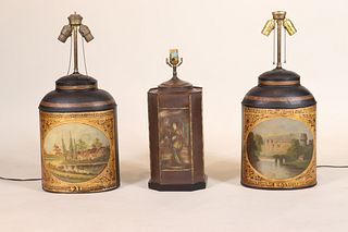 Three Tole Tea Cannisters Fitted as Lamps