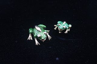 Two 18K and Green Enamel Frog Pins