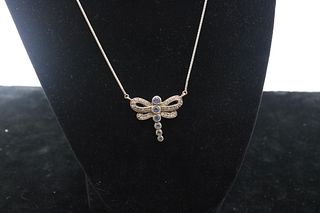 14K White Gold Diamond Sapphire Dragonfly Pendant