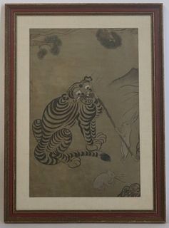 Asian Painting of a Tiger and Rabbits.