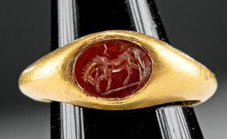 Roman Gold Ring w/ Carnelian Intaglio (Horse)