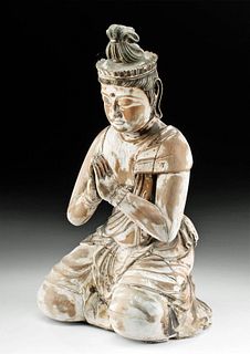 18th C. Japanese Wood Figure - Kneeling Bodhisattva