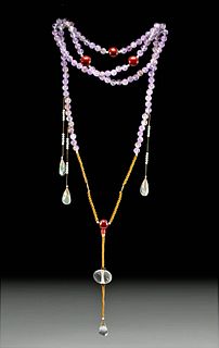 19th C. Chinese Qing Chao Zhu Necklace Amethyst & Agate