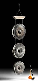 19th C. Burmese Bronze Gongs w/ 2 Wood Mallets